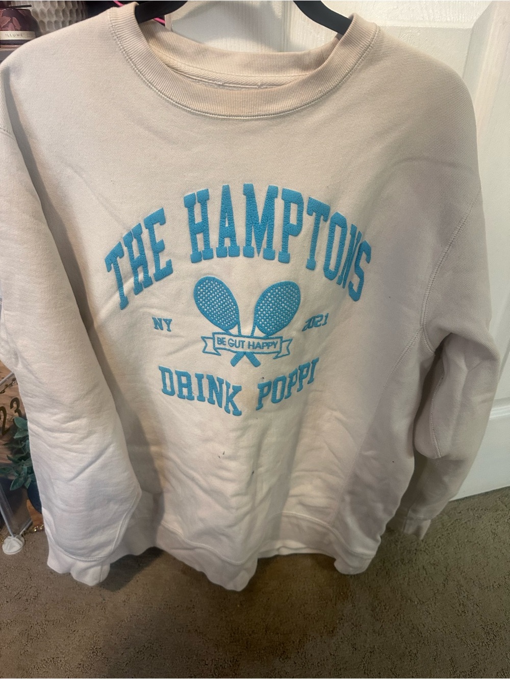 Cream Graphic Pullover Sweatshirt with Blue Print